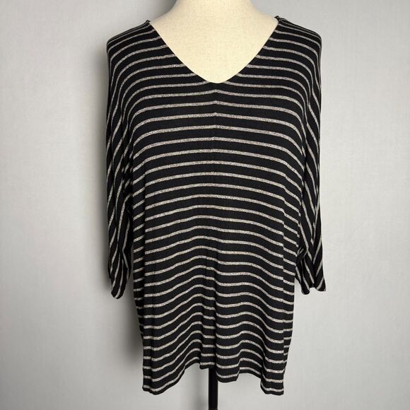 J. Jill Striped Wearever V-Neck Top, 3/4 Dolman Sleeves Sz XL TALL Black & Gray - Picture 1 of 12